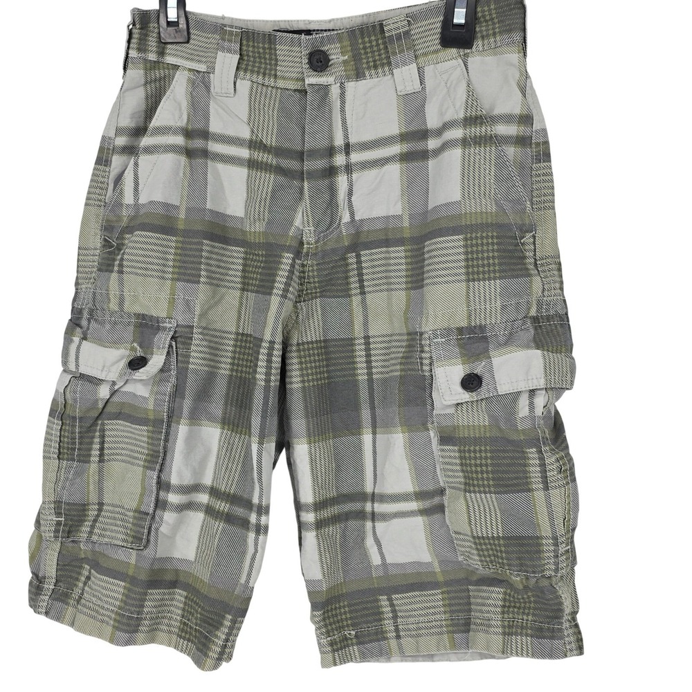 WearFirst Boys Size 12 Plaid Cargo Shorts Grey Olive Green Cotton Nylon Blend